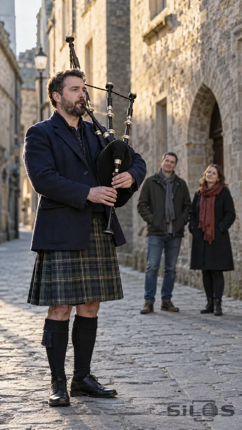 An adult bagpiper in a navy coat and muted tartan kilt plays beside two adult listeners on an old stone street.