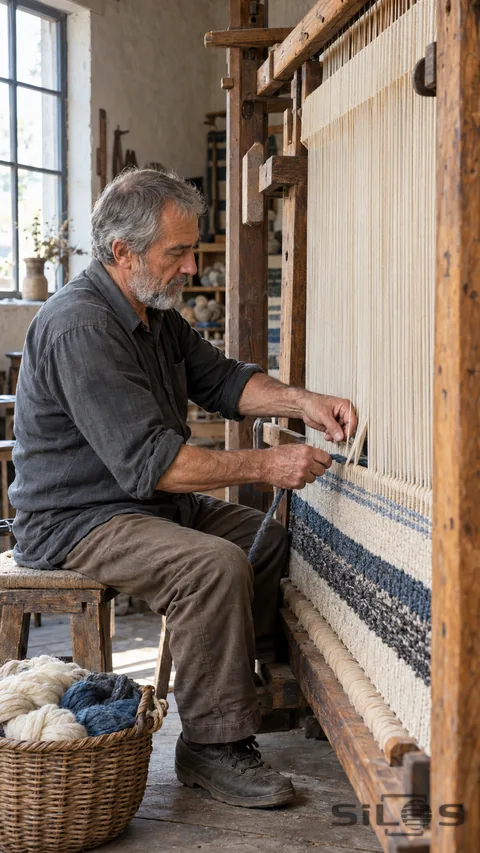 An older adult weaver sits beside a tall wooden loom and guides blue wool among cream warp threads in a daylight workshop.