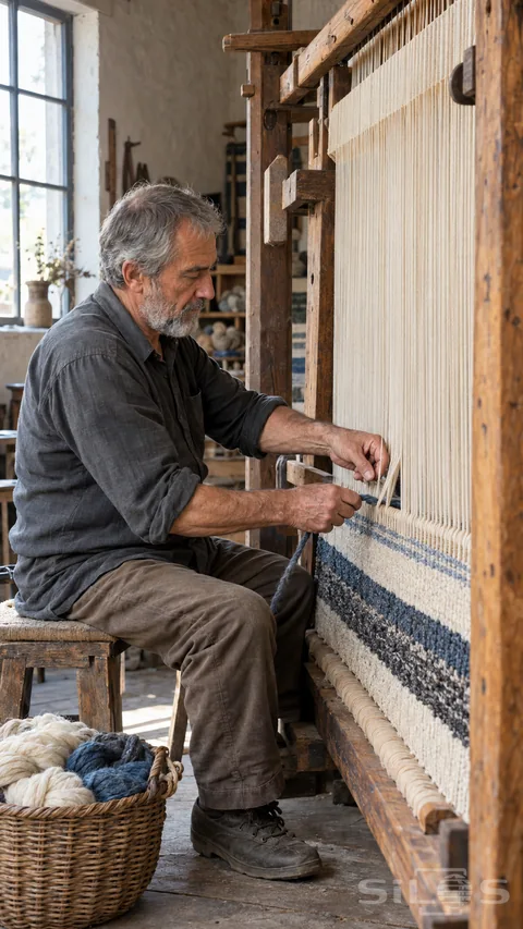 An older adult weaver sits beside a tall wooden loom and guides blue wool among cream warp threads in a daylight workshop.