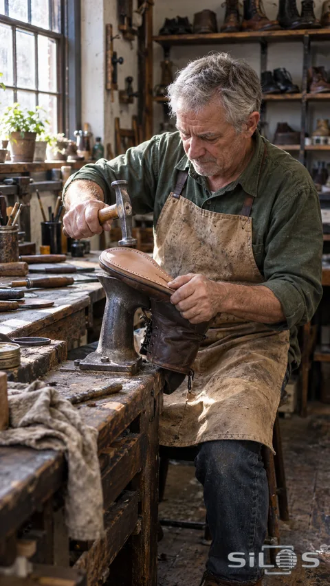 An older cobbler steadies an upside-down brown boot on an iron repair anvil while holding a small hammer over its new sole.