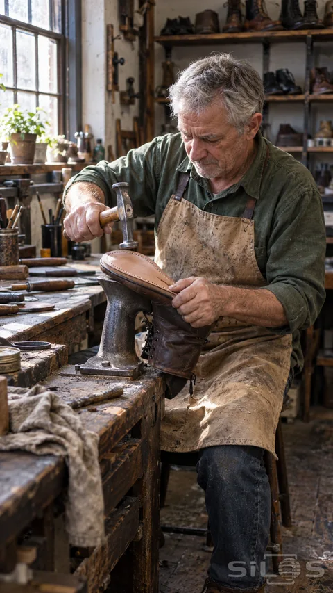 An older cobbler steadies an upside-down brown boot on an iron repair anvil while holding a small hammer over its new sole.