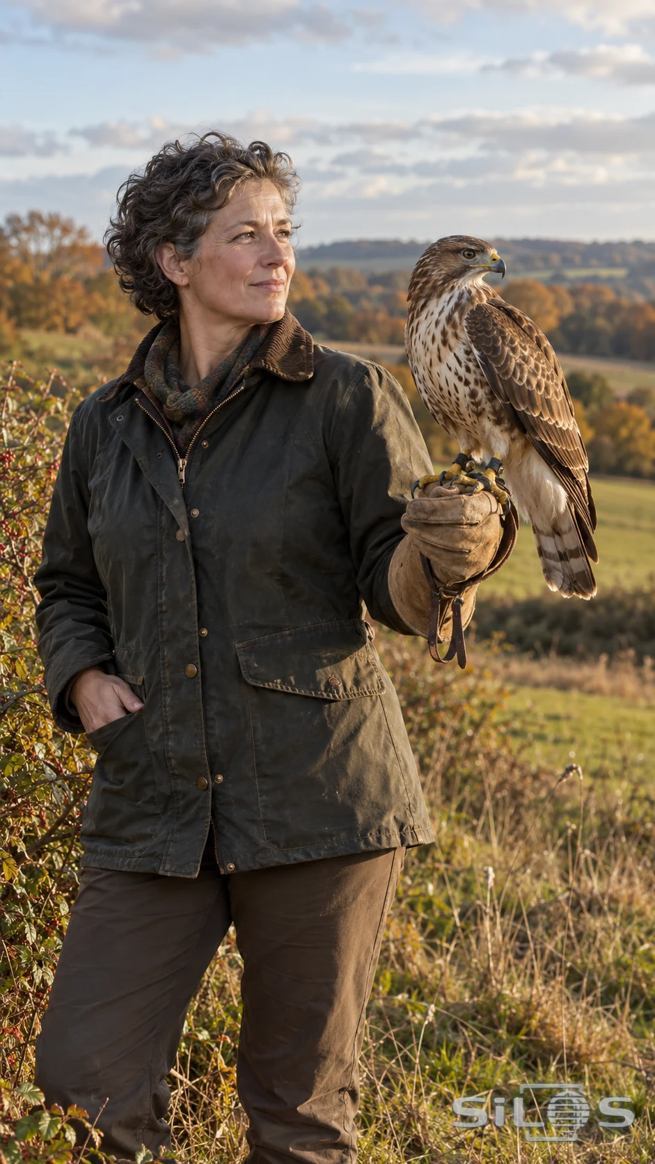 A woman falconer supports a brown-and-cream hawk on a tan leather glove beside an autumn hedgerow.