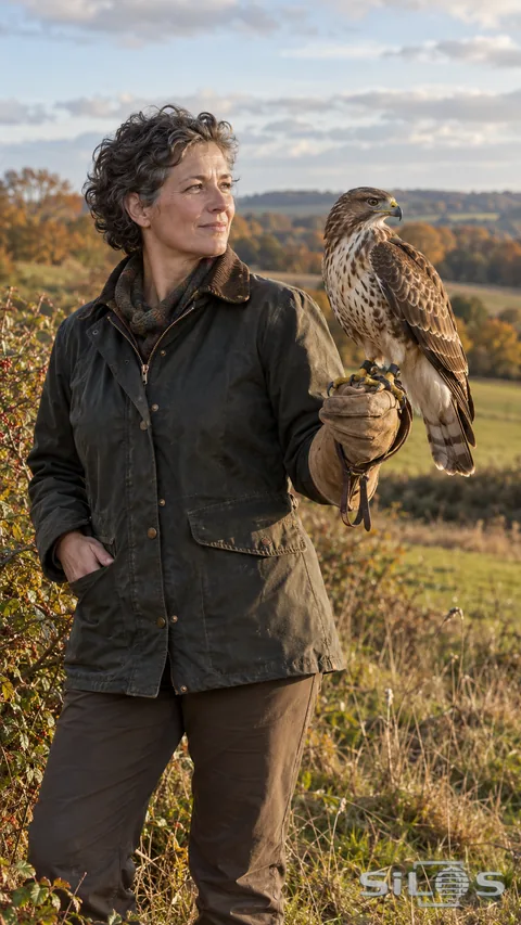 A woman falconer supports a brown-and-cream hawk on a tan leather glove beside an autumn hedgerow.