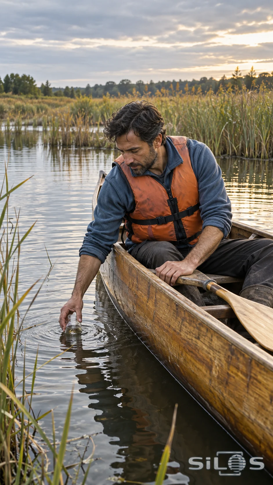 An adult field worker in an orange flotation vest holds an open sample jar at the waterline from a wooden canoe among reeds.