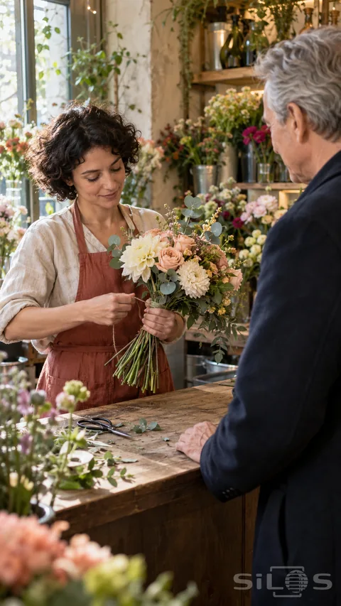 A florist ties twine around a peach-and-cream bouquet while an older customer waits at a wooden counter in a flower shop.