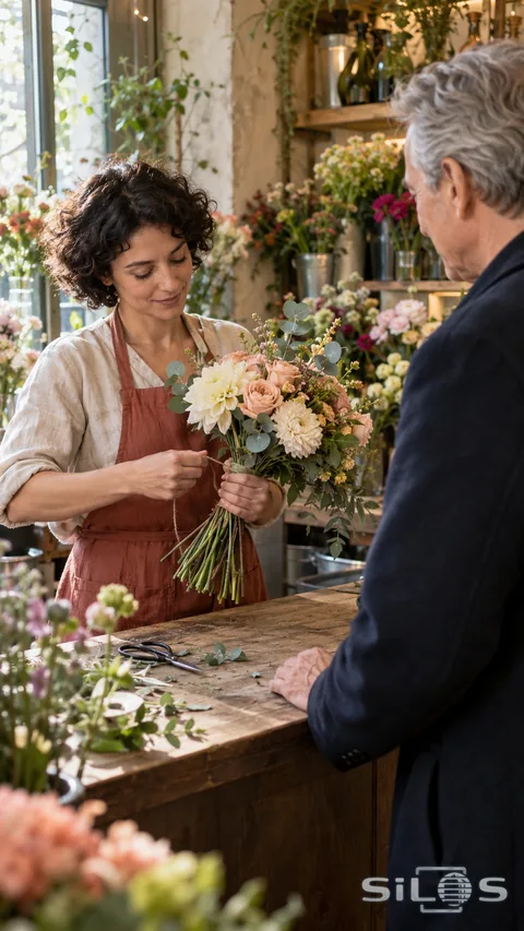 A florist ties twine around a peach-and-cream bouquet while an older customer waits at a wooden counter in a flower shop.