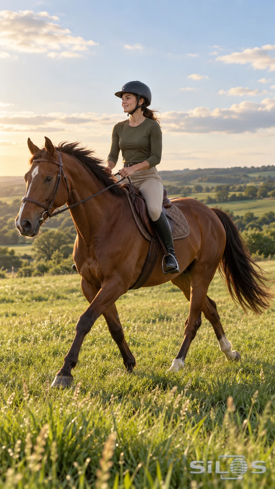 An adult rider in a dark helmet crosses a sunlit meadow on a chestnut horse with plain saddle and bridle.