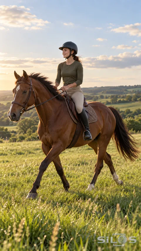 An adult rider in a dark helmet crosses a sunlit meadow on a chestnut horse with plain saddle and bridle.