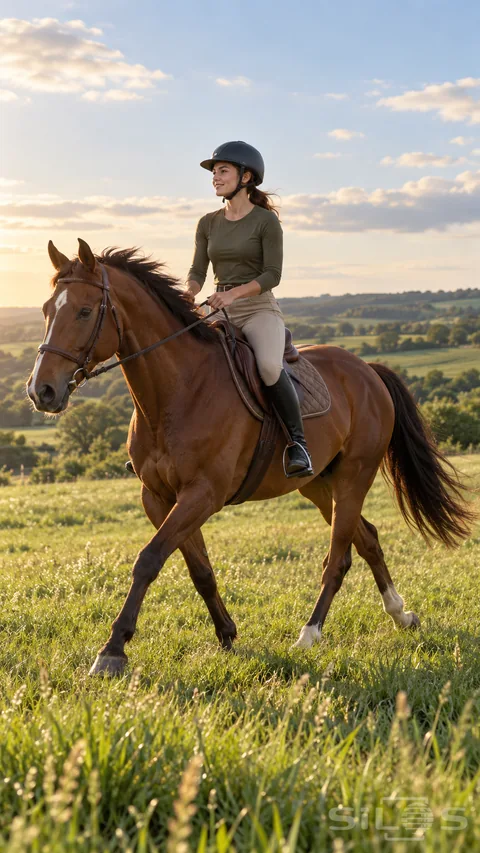 An adult rider in a dark helmet crosses a sunlit meadow on a chestnut horse with plain saddle and bridle.
