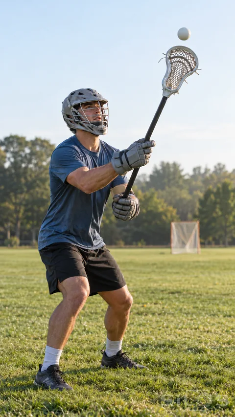 An adult lacrosse player grips one stick with both gloved hands as a white ball approaches its mesh pocket on a grass practice field.