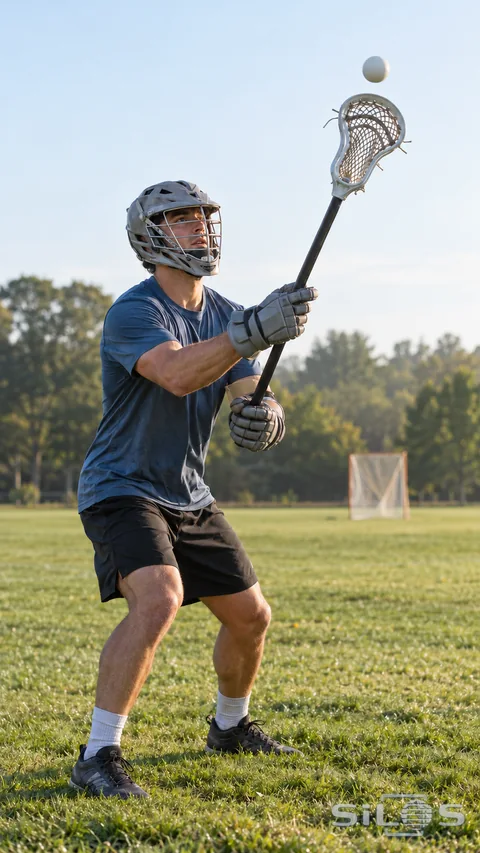 An adult lacrosse player grips one stick with both gloved hands as a white ball approaches its mesh pocket on a grass practice field.