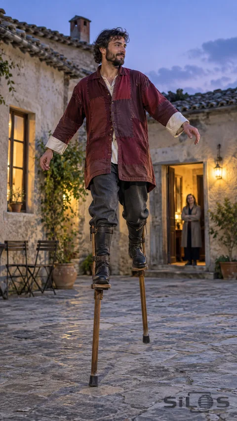 An adult performer in a plum patchwork coat takes a balanced step on two visible strapped wooden stilts in a lamplit courtyard.