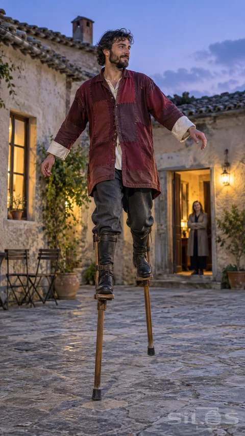 An adult performer in a plum patchwork coat takes a balanced step on two visible strapped wooden stilts in a lamplit courtyard.