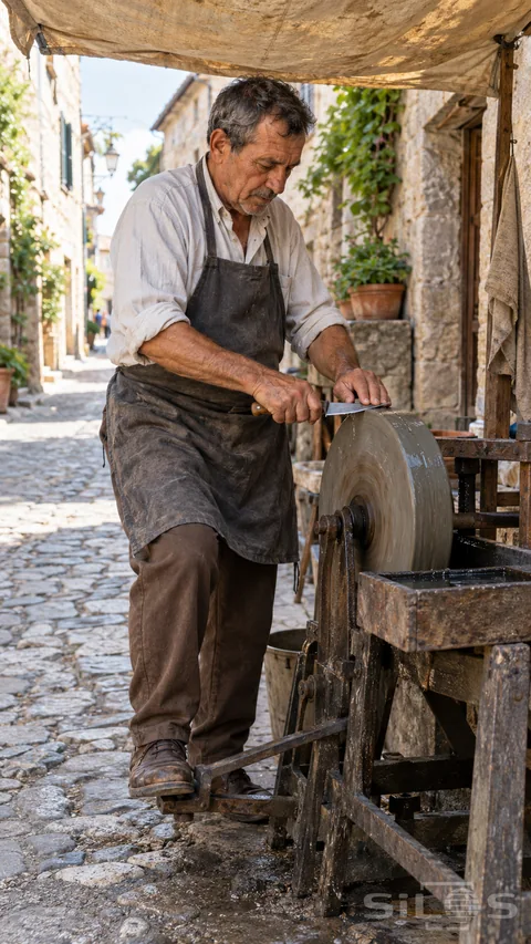 An adult knife sharpener holds a kitchen knife against a wet grinding stone with one foot on a pedal beneath a lane canopy.