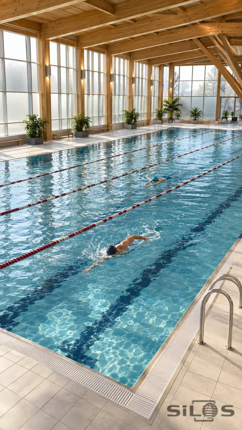 Two adults swim in separate lanes beneath timber beams and tall frosted windows in a bright indoor pool.