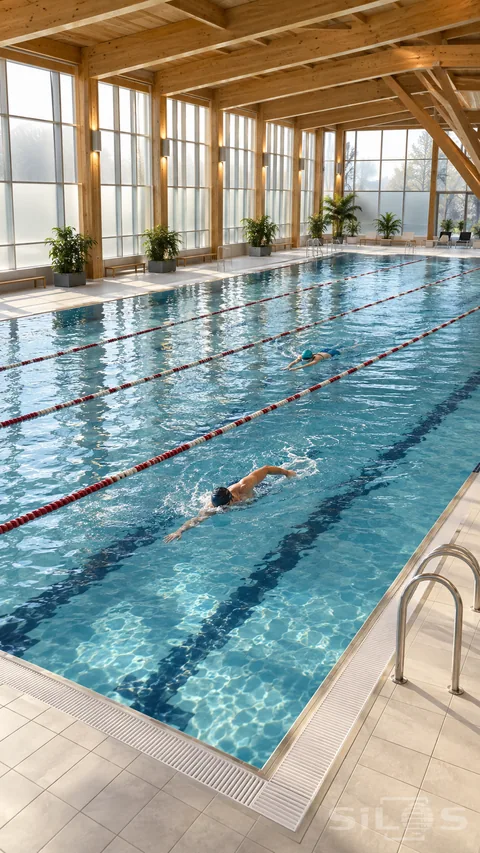 Two adults swim in separate lanes beneath timber beams and tall frosted windows in a bright indoor pool.