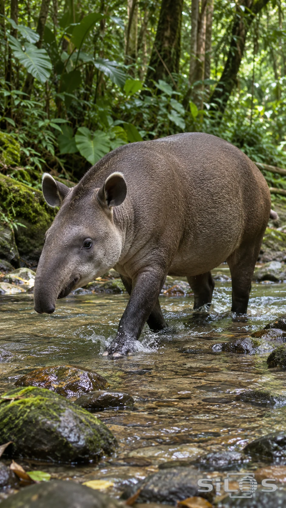 A gray-brown tapir steps through a shallow forest stream, with a short flexible snout, rounded white-rimmed ears and a small splash around its front foot.