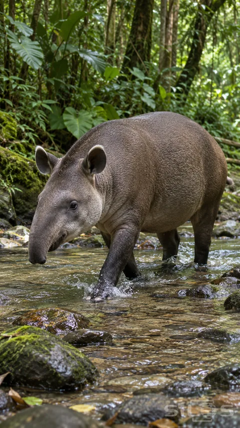 A gray-brown tapir steps through a shallow forest stream; with a short flexible snout; rounded white-rimmed ears and a small splash around its front foot.