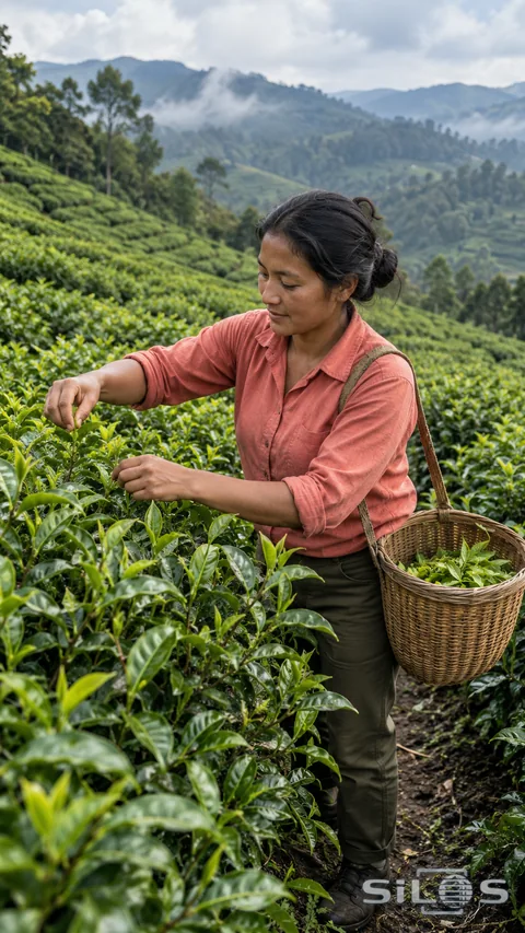 An adult tea plucker pinches young green leaves with one hand while steadying a shoot with the other, beside a strap-supported woven basket on a green hillside.