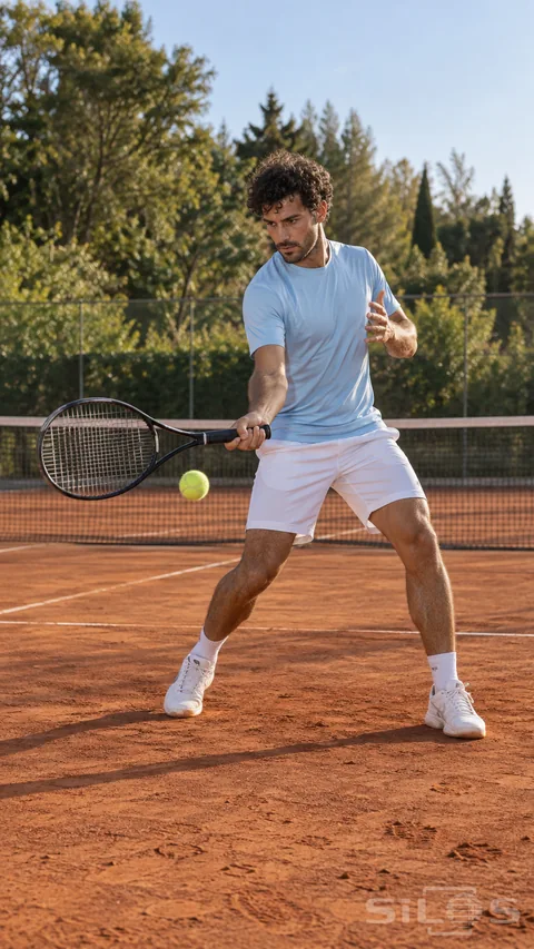 An adult tennis player holds a racket near a yellow ball on a red clay court with feet grounded and net behind.