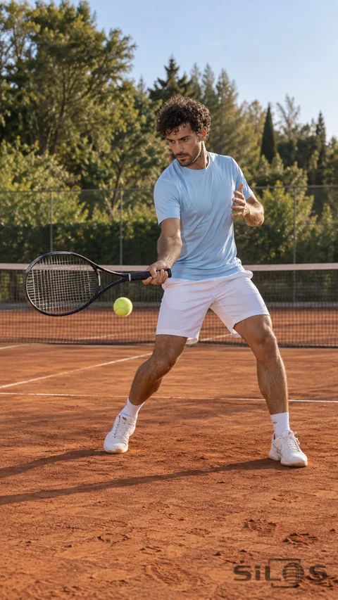 An adult tennis player holds a racket near a yellow ball on a red clay court with feet grounded and net behind.