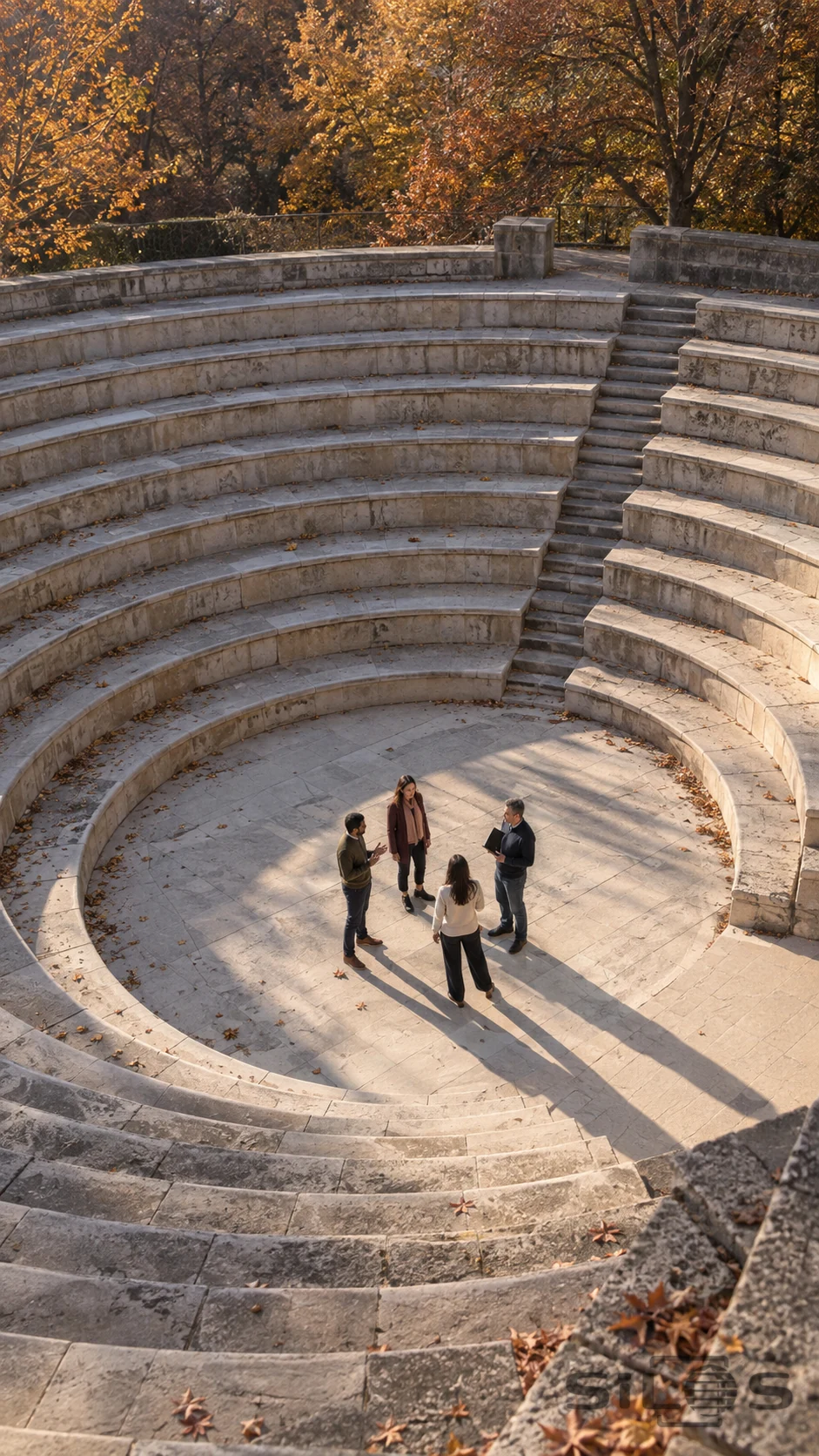 A high view shows four adults standing in a loose circle inside a curved stone amphitheater, with long shadows and bronze autumn trees.