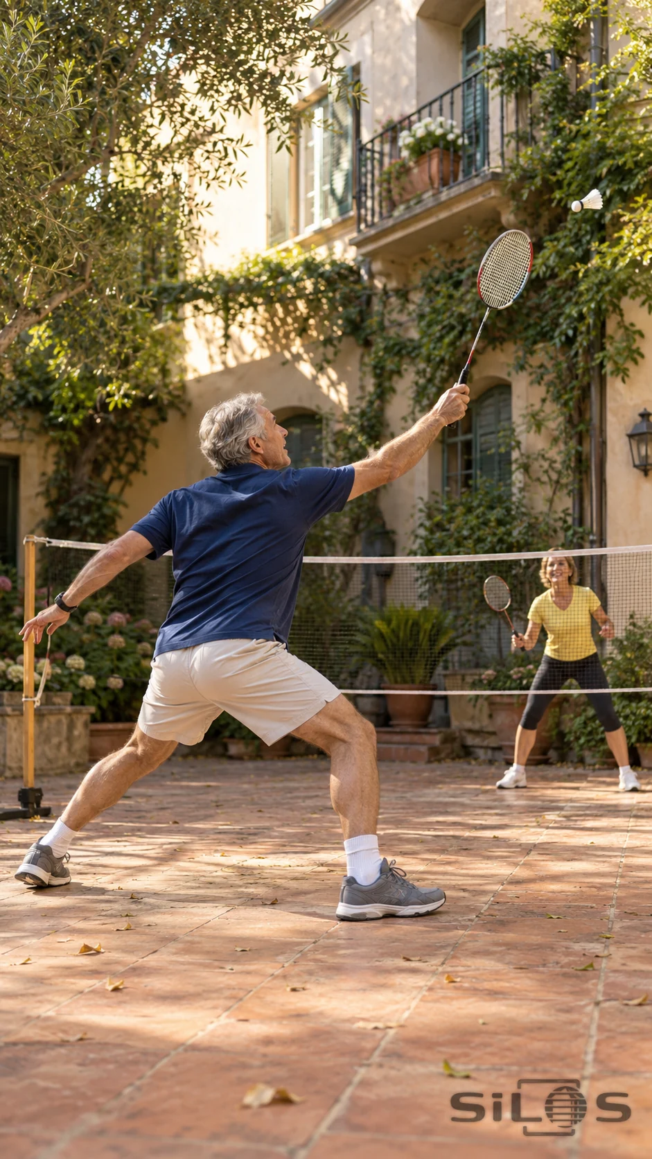 Two adult neighbors play badminton across a net in a sunlit courtyard, with the nearer player reaching high for a shuttlecock.