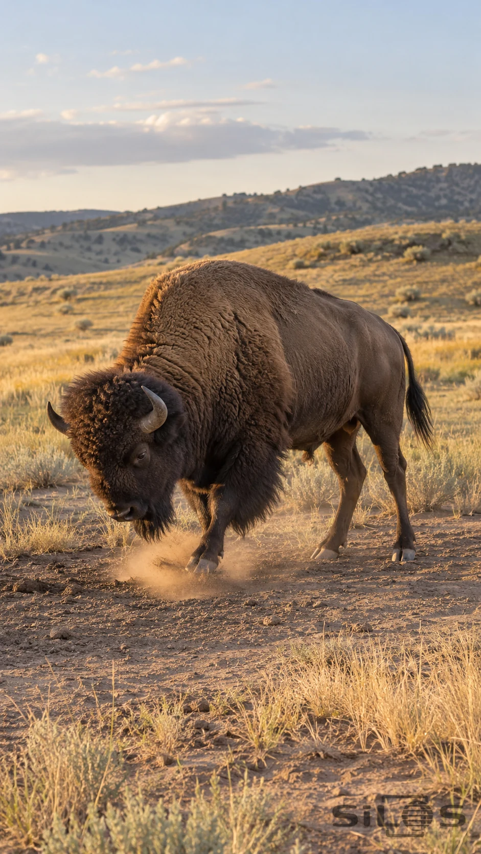A full bison lowers its head over a dusty bare patch among tawny prairie grasses, with one front hoof lifting beside a small dust puff.