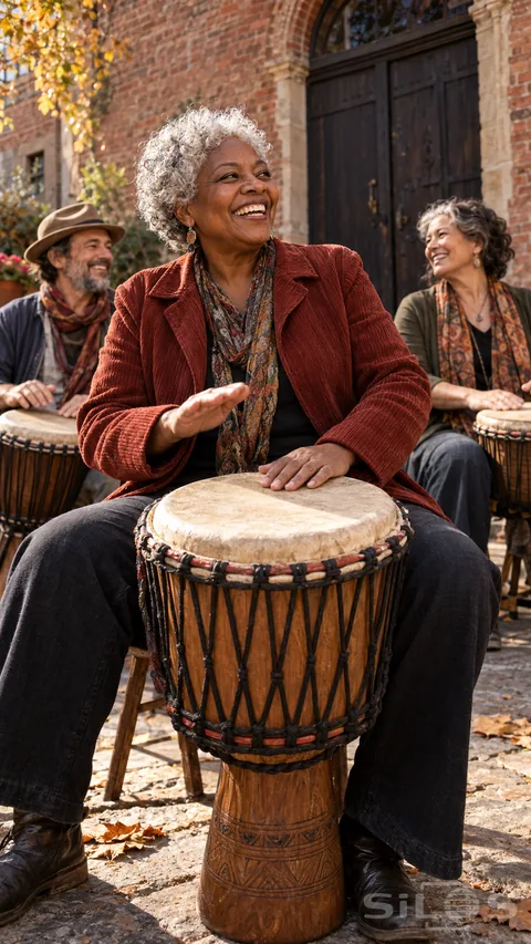A silver-haired woman in a rust corduroy jacket plays a wooden hand drum while two adults smile and drum behind her in a sunlit brick plaza.
