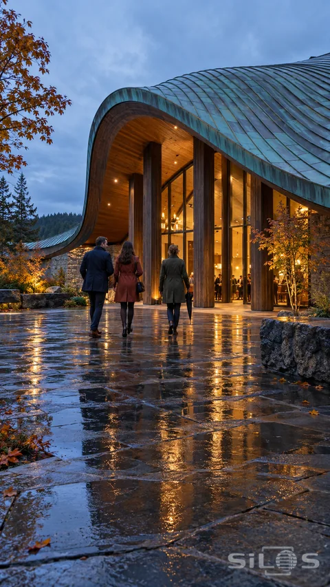 Three adults in navy, rust and olive coats walk toward a curved copper-roofed pavilion with timber columns and warm glass doors after rain.