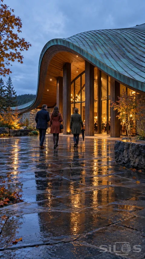 Three adults in navy; rust and olive coats walk toward a curved copper-roofed pavilion with timber columns and warm glass doors after rain.