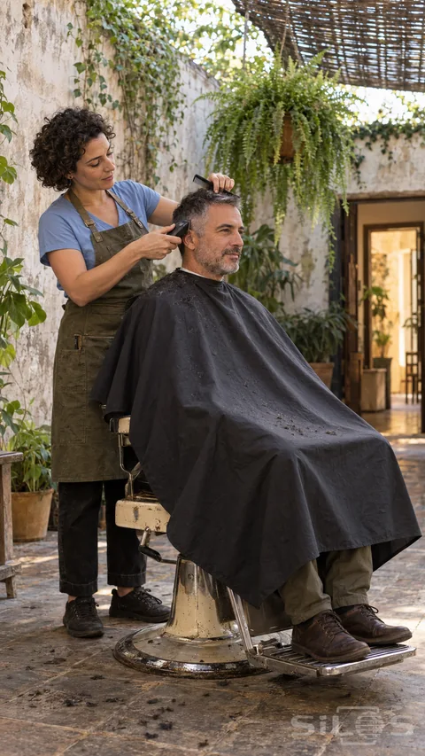A woman barber uses a clipper and comb to trim an adult client's hair in a leafy courtyard barbershop.