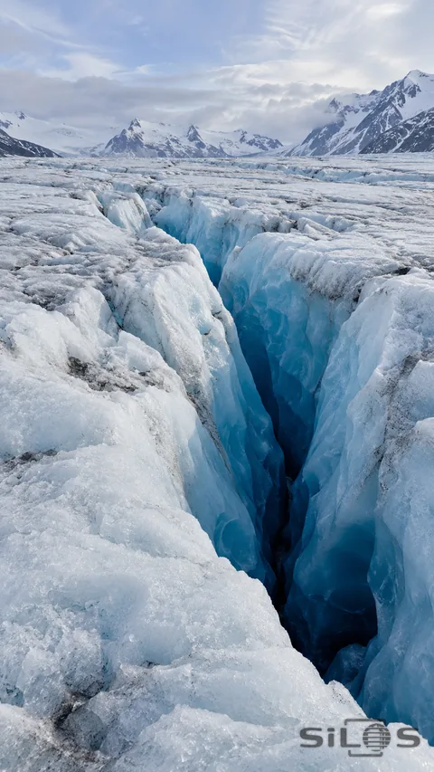 A deep blue fissure cuts through rough white glacier ice toward distant snow-covered mountains beneath pale clouds.