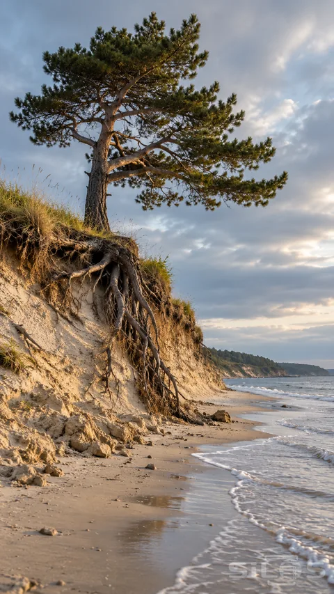A coastal pine stands on a grassy sand scarp with exposed roots above a narrow empty beach and small sea-edge waves.