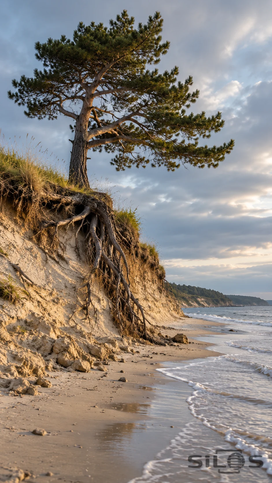 A coastal pine stands on a grassy sand scarp with exposed roots above a narrow empty beach and small sea-edge waves.