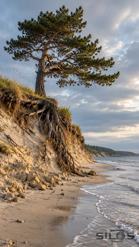 A coastal pine stands on a grassy sand scarp with exposed roots above a narrow empty beach and small sea-edge waves.