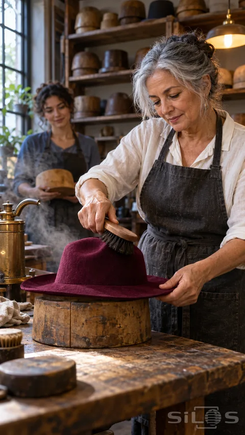 An older woman brushes a burgundy felt hat on a wooden block in a workshop while a younger adult holds another block in the background.