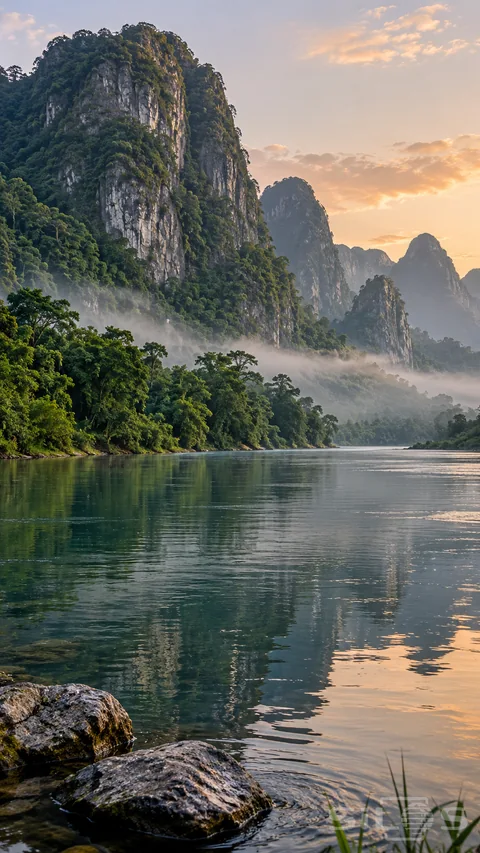Forested gray limestone karst towers rise above a misty river; with wet stones in the foreground and peach dawn reflected in gentle ripples.