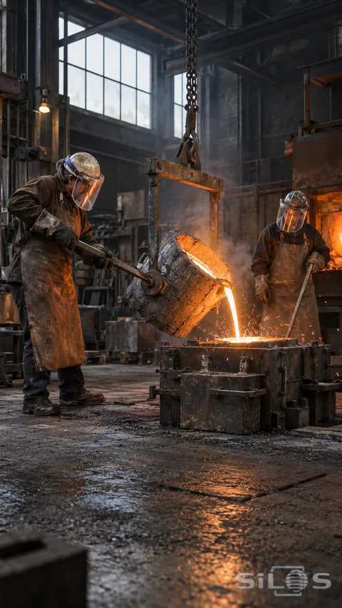Two protected foundry workers control a chain-suspended ladle pouring glowing metal into a mold inside a tall industrial workshop.