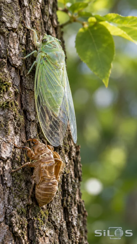 A pale green cicada with clear veined wings clings to rough bark above a separate empty brown nymph shell.