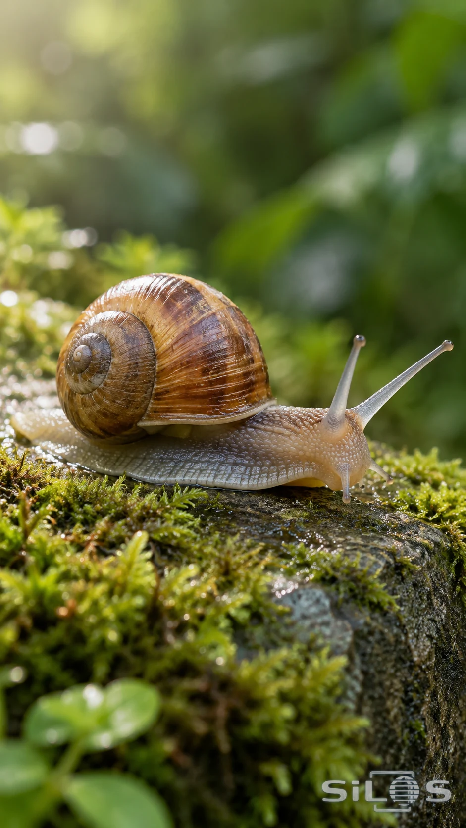A brown-shelled garden snail with two long eye stalks and shorter tentacles creeps over damp mossy stone.