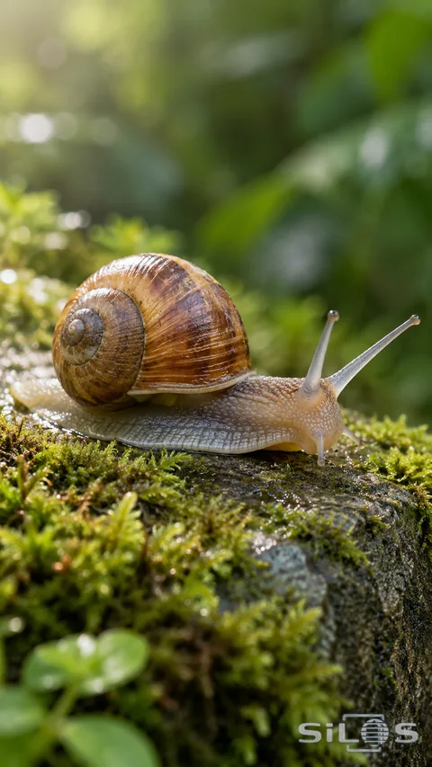 A brown-shelled garden snail with two long eye stalks and shorter tentacles creeps over damp mossy stone.