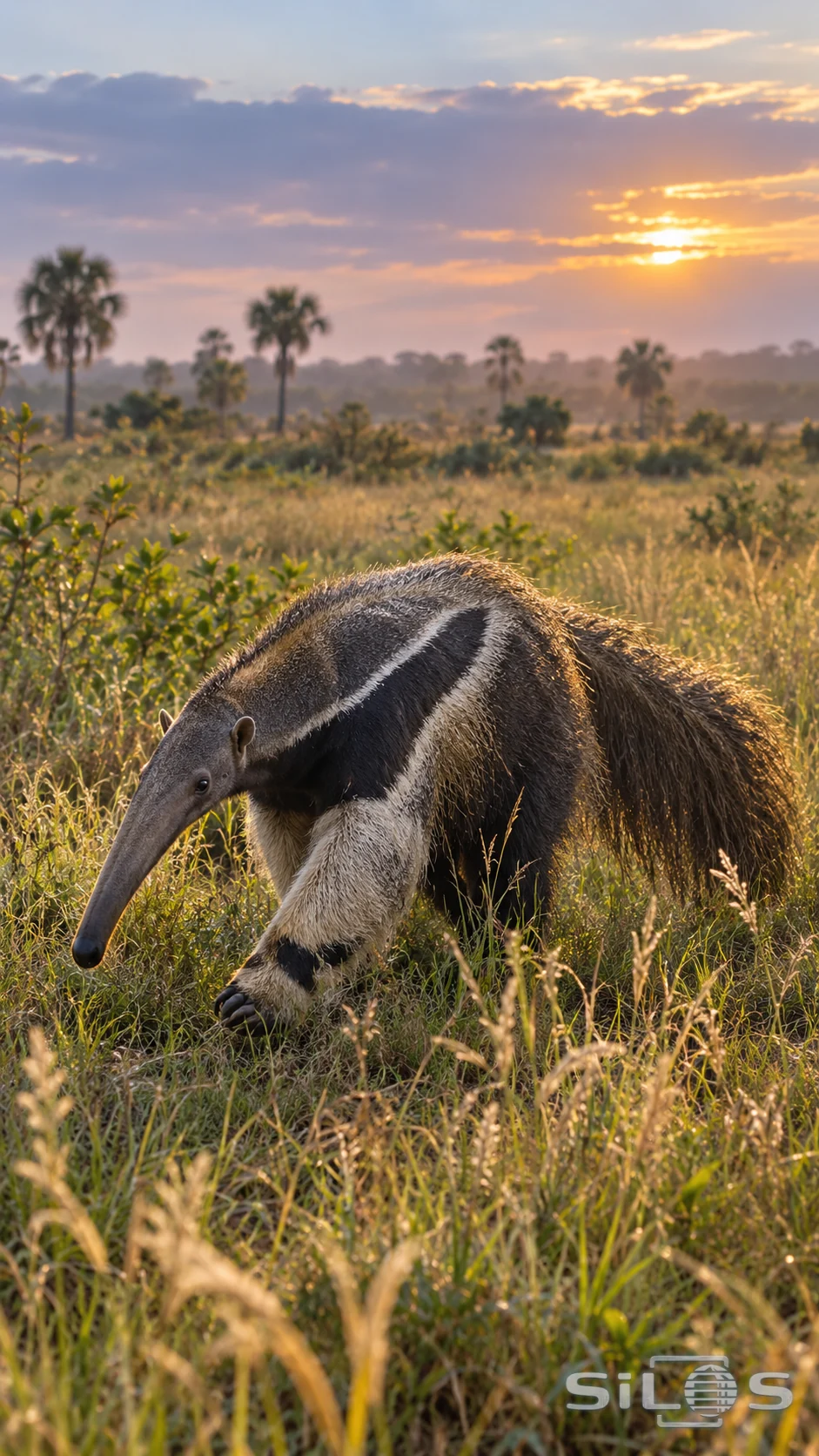 A giant anteater with a long tapered snout and coarse shaggy coat moves through savanna grass at sunset.