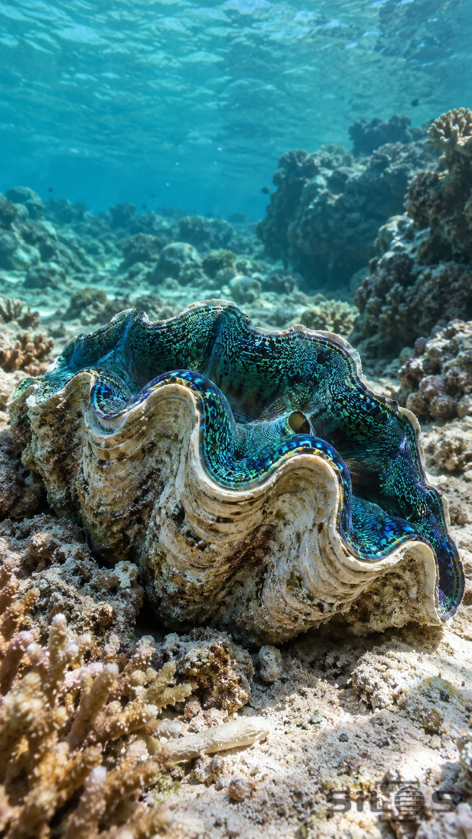 A living giant clam spreads a patterned blue-green mantle between thick scalloped shell valves on a coral-rubble seabed.