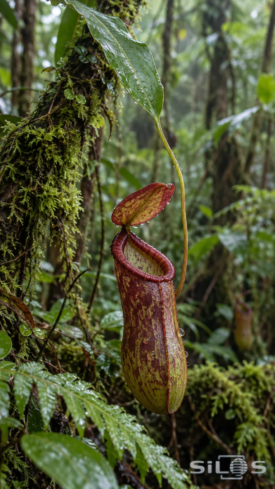 A wet burgundy-green pitcher plant hangs from a leaf tendril beside a mossy trunk, with a ribbed lip and lifted connected lid.