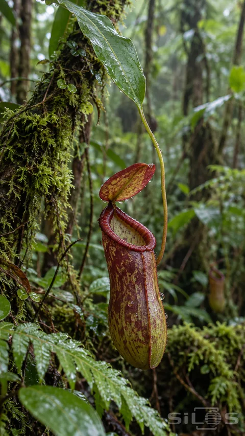 A wet burgundy-green pitcher plant hangs from a leaf tendril beside a mossy trunk; with a ribbed lip and lifted connected lid.