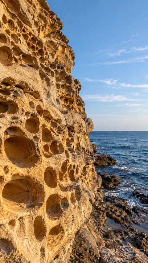 Rounded honeycomb-like cavities cover a warm sandstone sea cliff beside blue water and dark coastal rocks.
