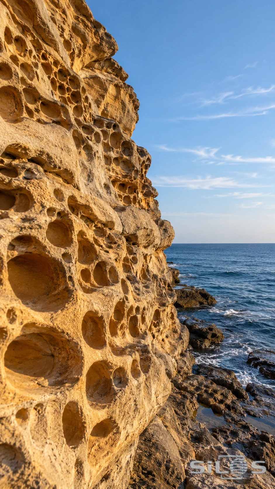 Rounded honeycomb-like cavities cover a warm sandstone sea cliff beside blue water and dark coastal rocks.