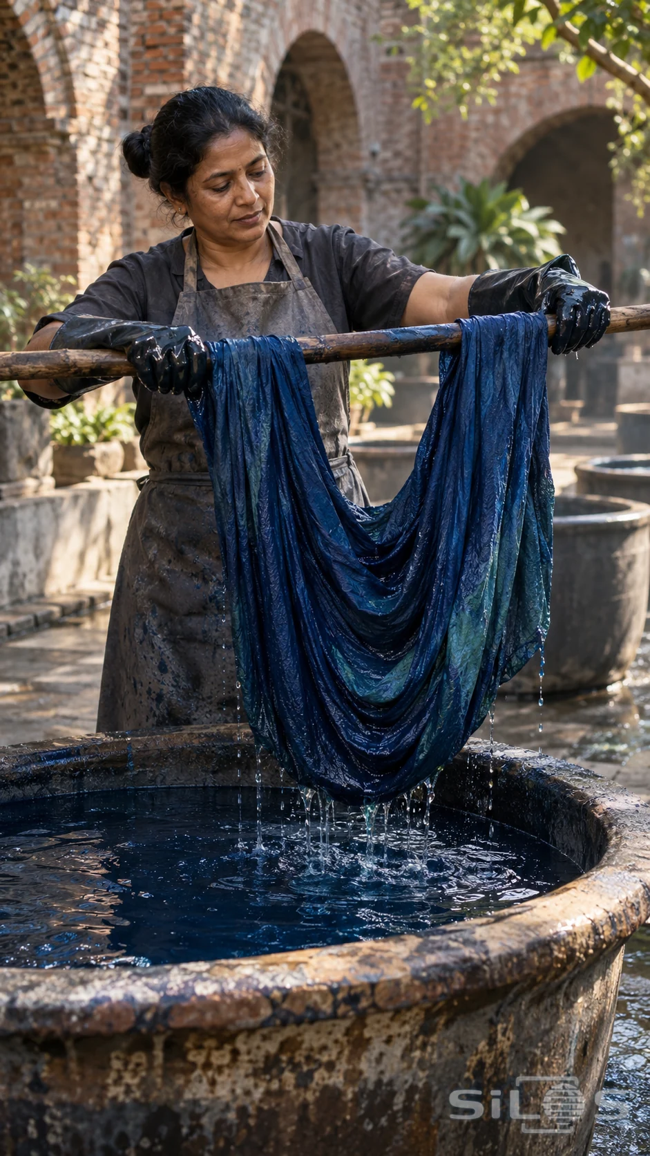 An adult woman wearing an apron and long dark gloves holds a wooden pole draped with damp indigo-blue cloth above a circular dye vat.