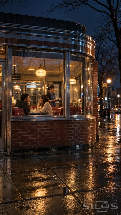 Two adults talk in a diner booth while a server carries cups behind them; seen through warm windows above rain-darkened pavement.